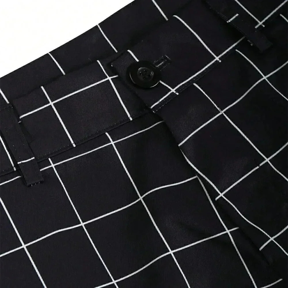 Black Preppy Mens Plaid Print Slant Pocket Suit Pants - Picture 4 of 4